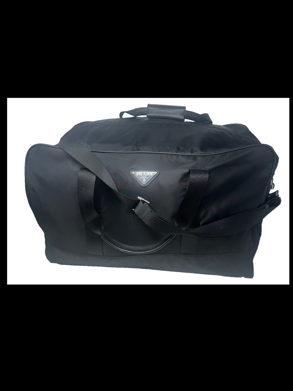 Large VTG Prada Black Tessuto Nylon Duffle Weekender Bag Padlock Strap Italy